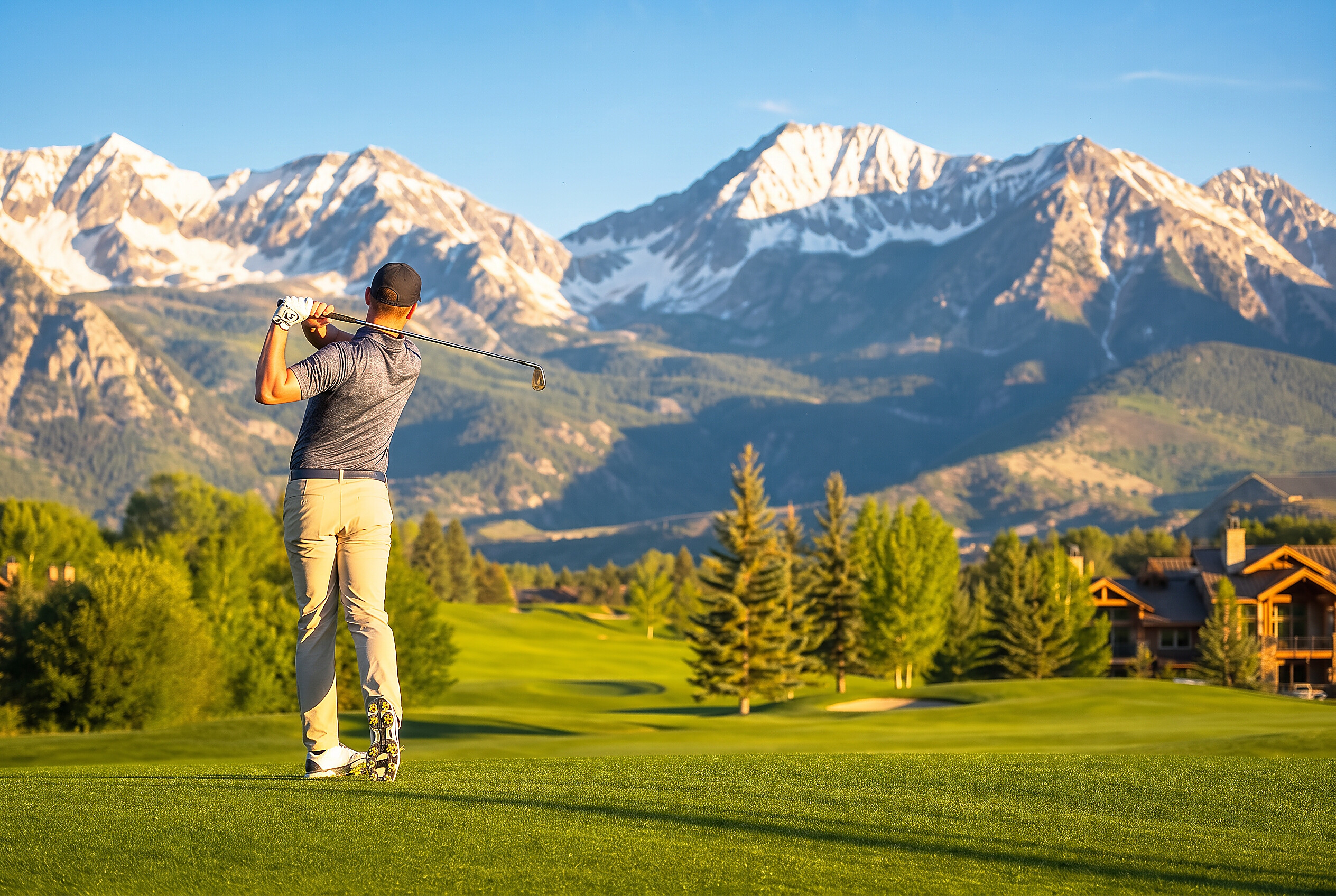 Golfer driving on a bright Colorado mountain fairway with the snow-capped Rockies behind